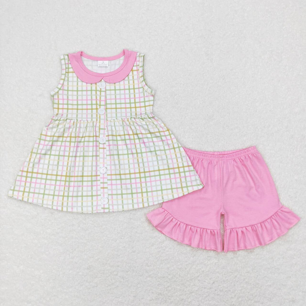 GSSO0416 Green checkered sleeveless pink ruffles shots girls set