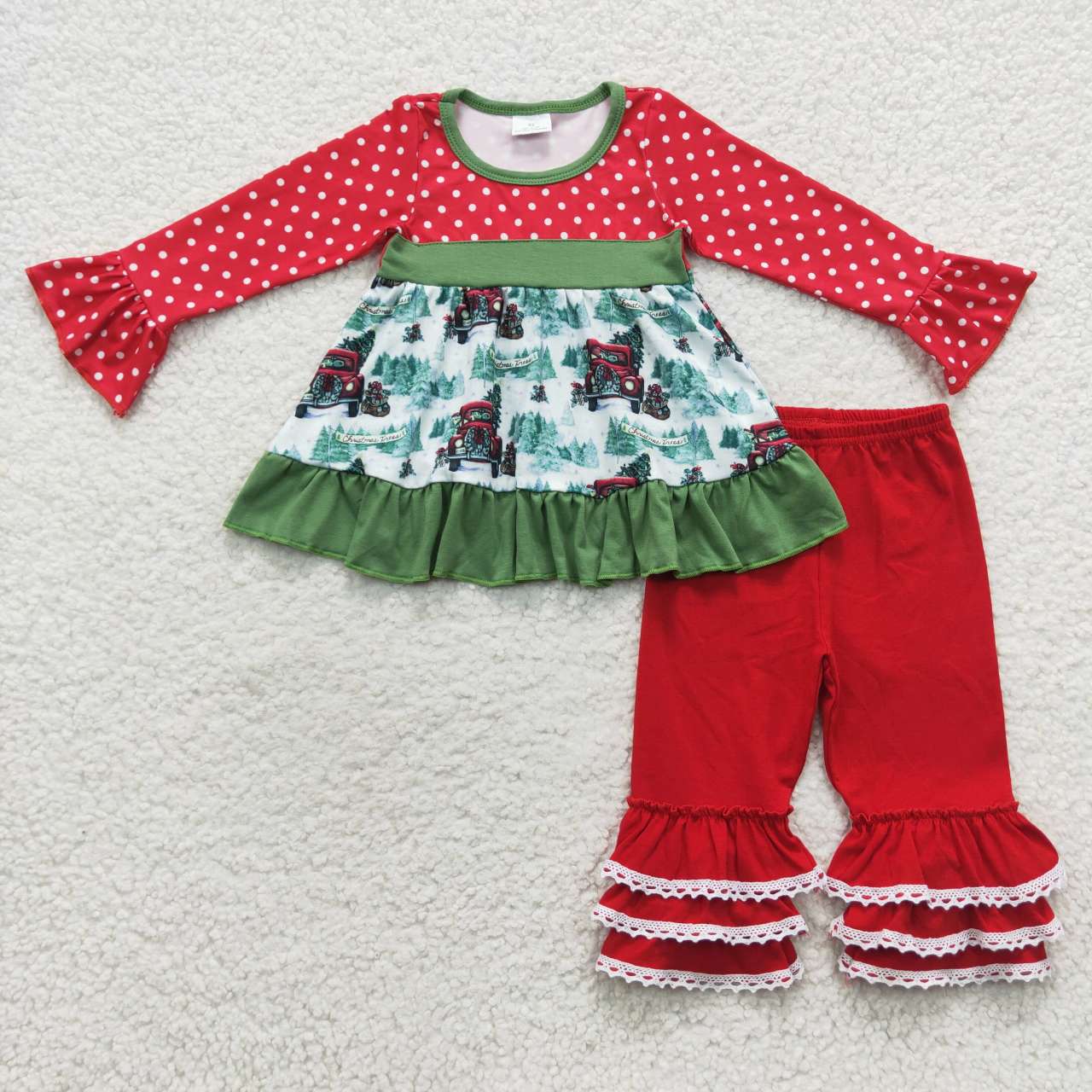6 B15-16 Christmas tree truck red dot long sleeve pants girls set