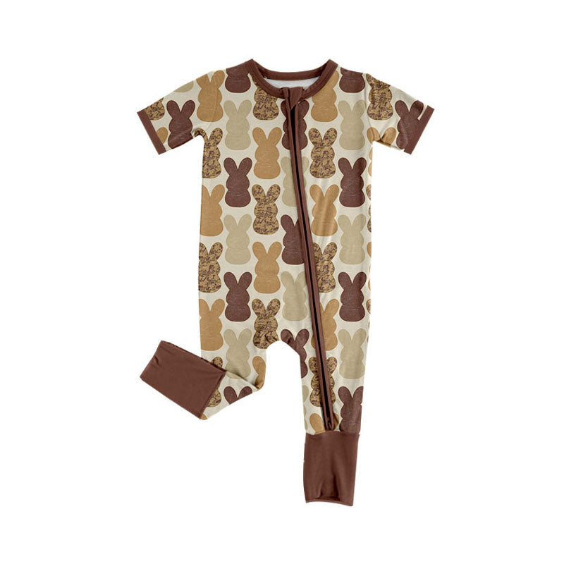 custom moq 5 Easter rabbit bunny khaki short sleeve zipper boys romper