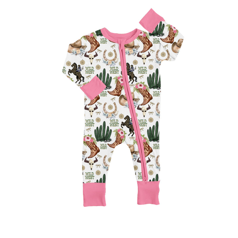 preorder LR0677 Wild west cactus boot pink long sleeve girls romper