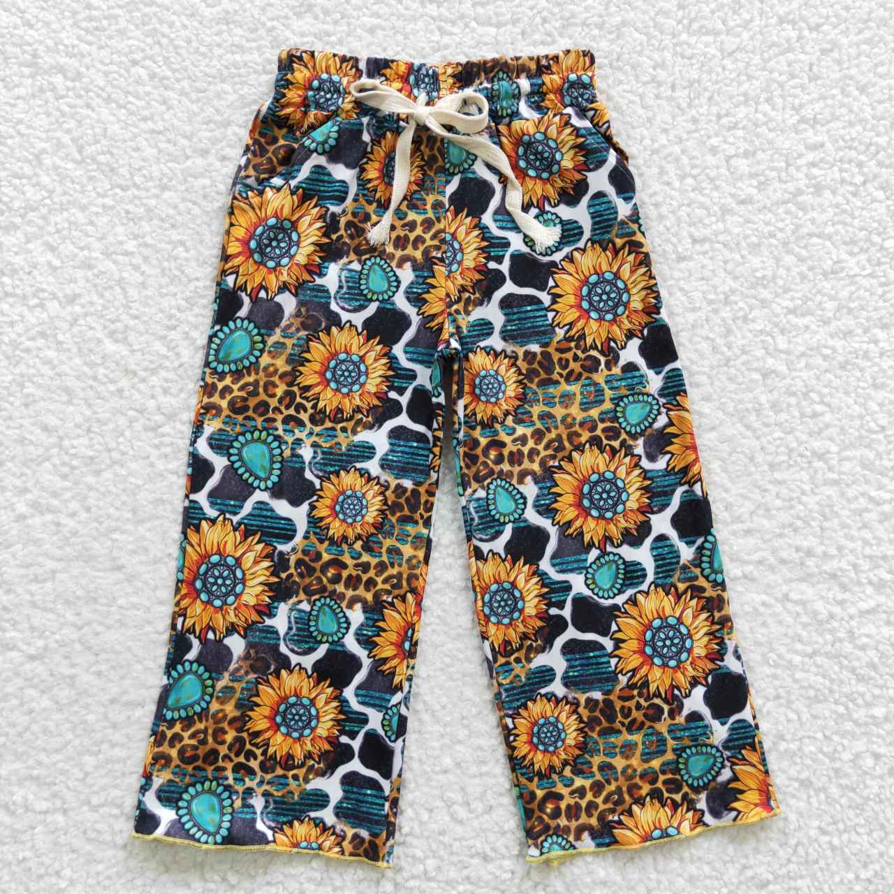 P0138 Sunflowers Cow Print Leopard Turquoise Girls Pants