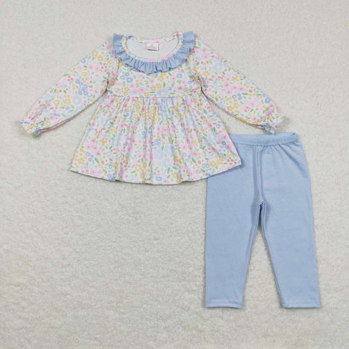 GLP0918 Colorful flowers long sleeve blue pants girls set