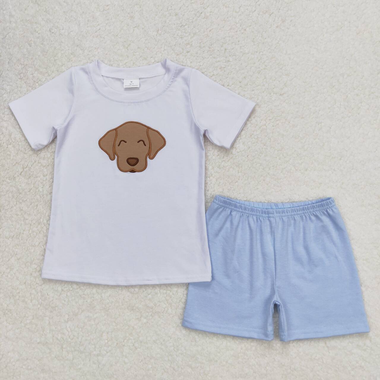 BSSO0695 embroidery Dog white short sleeve blue shorts boys set