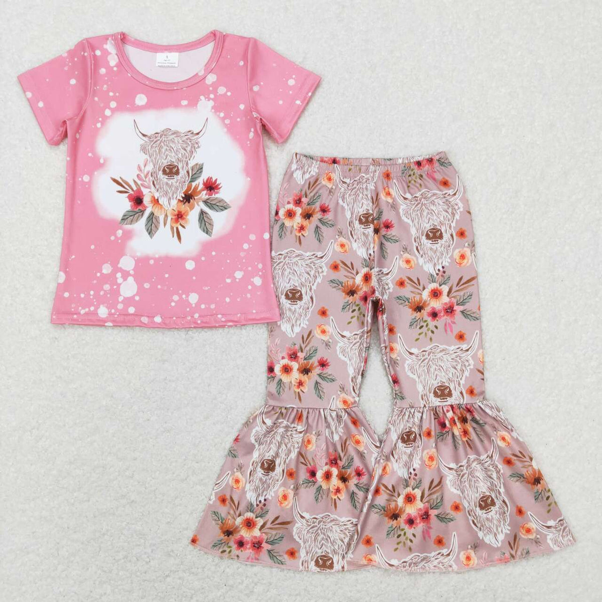 GSPO1079 Highland cow flowers pink short sleeve brown pants girls set