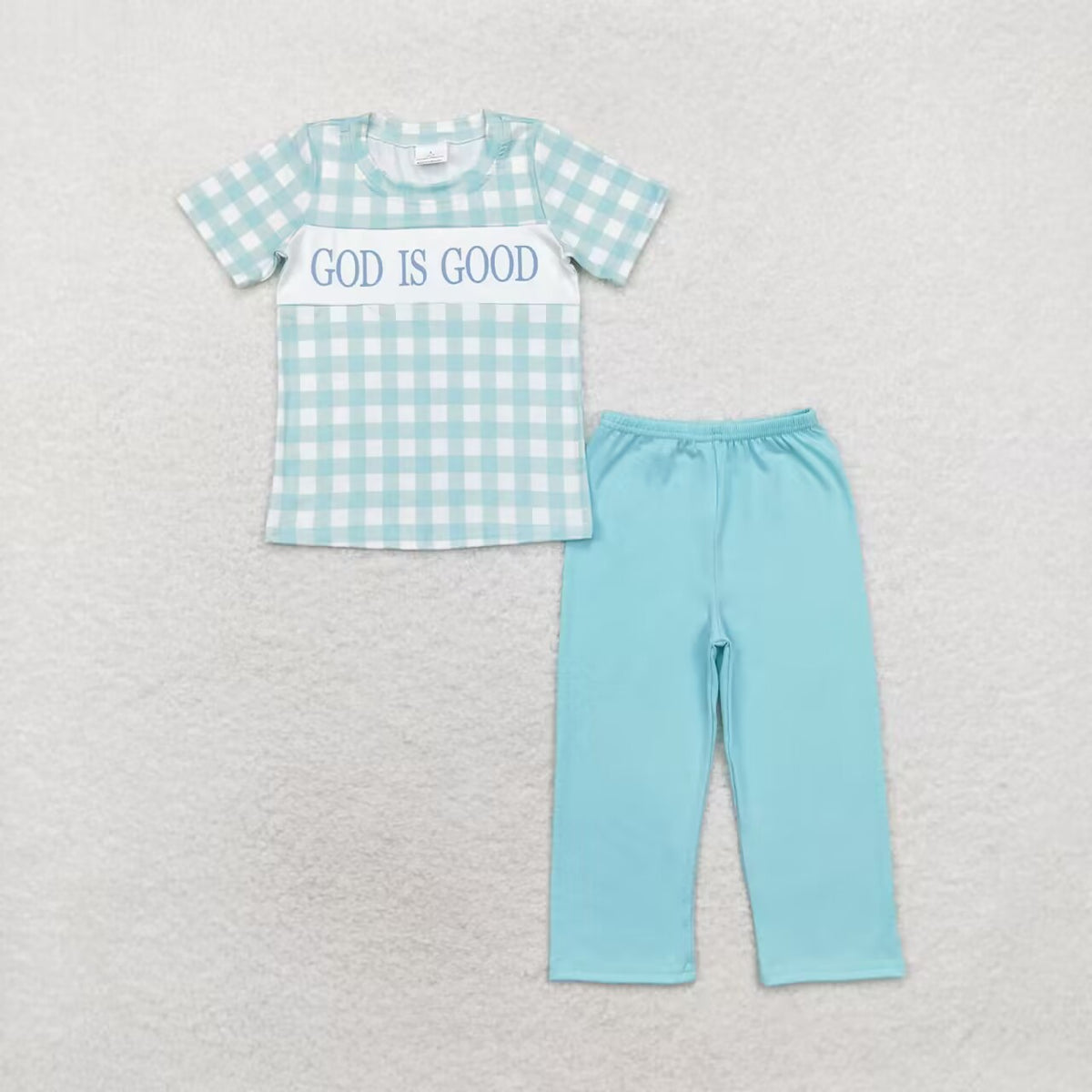 BSPO0463 God is good green checkered pants boys set