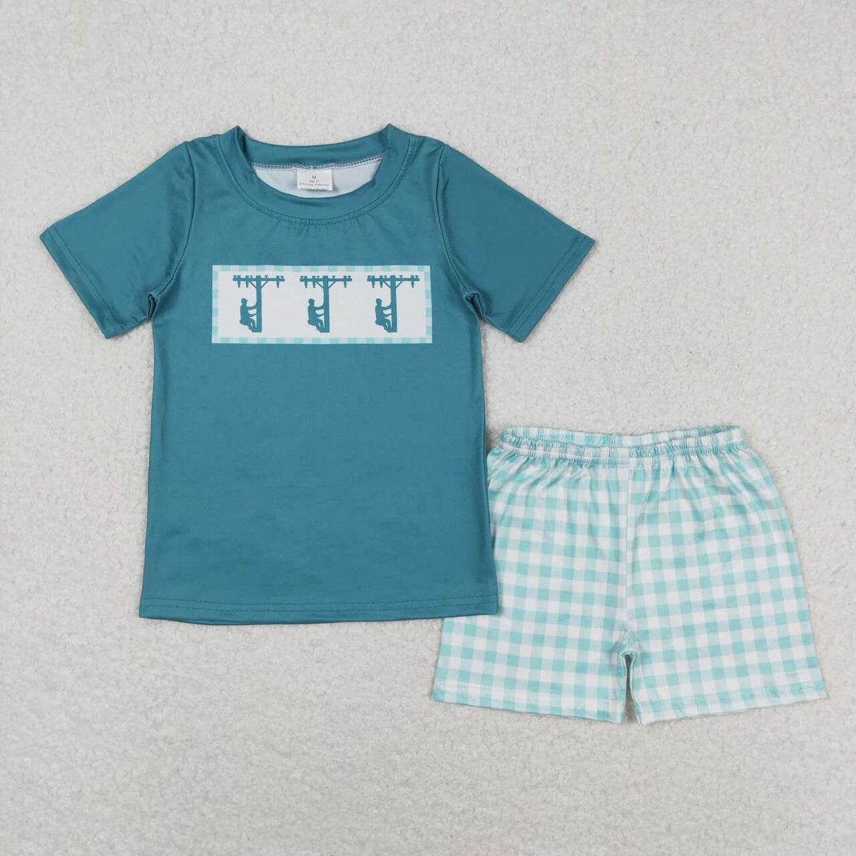 BSSO0738 lineman blue short sleeve blue checkered shorts boys set