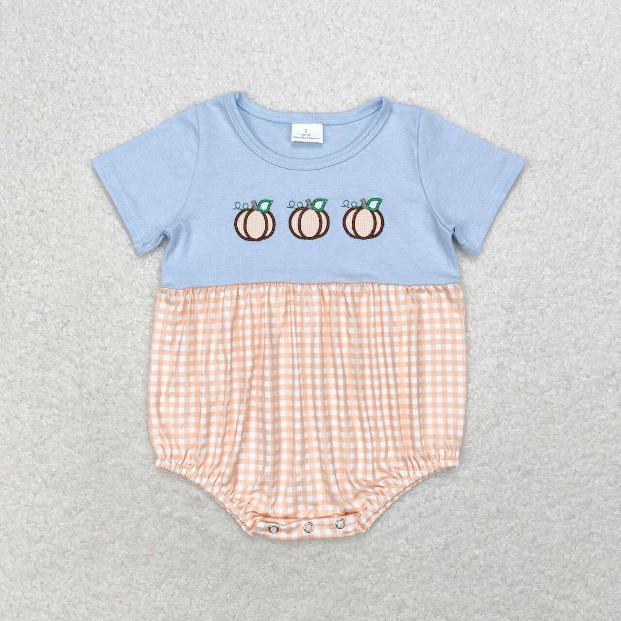 SR1711 embroidery Autumn pumpkin blue orange checkered short sleeve baby romper