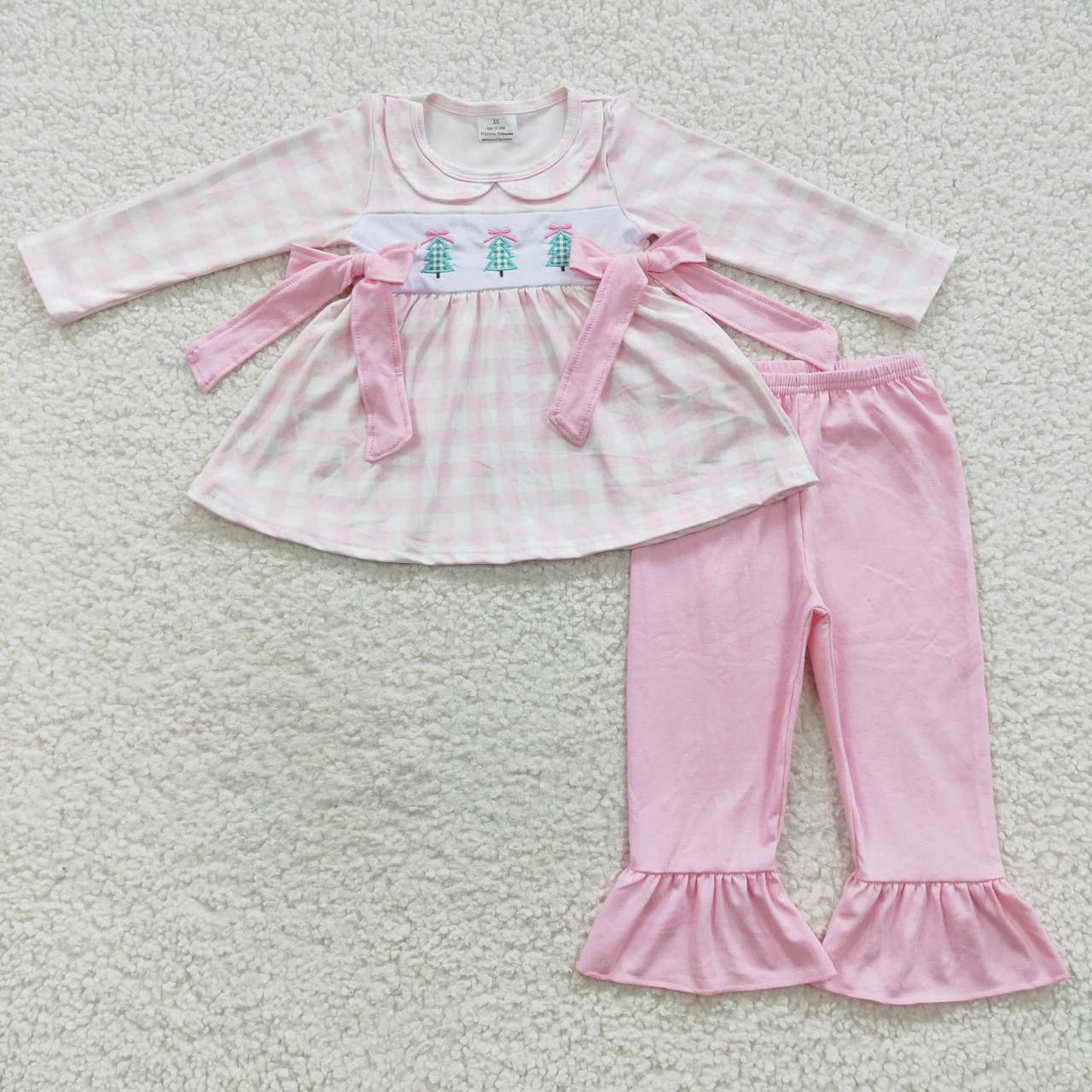 GLP0449 Embroidery Christmas Tree Pink Cell Bow Long Sleeves Girls Set