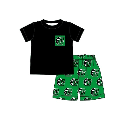 custom style C pocket black short sleeve green shorts boys set