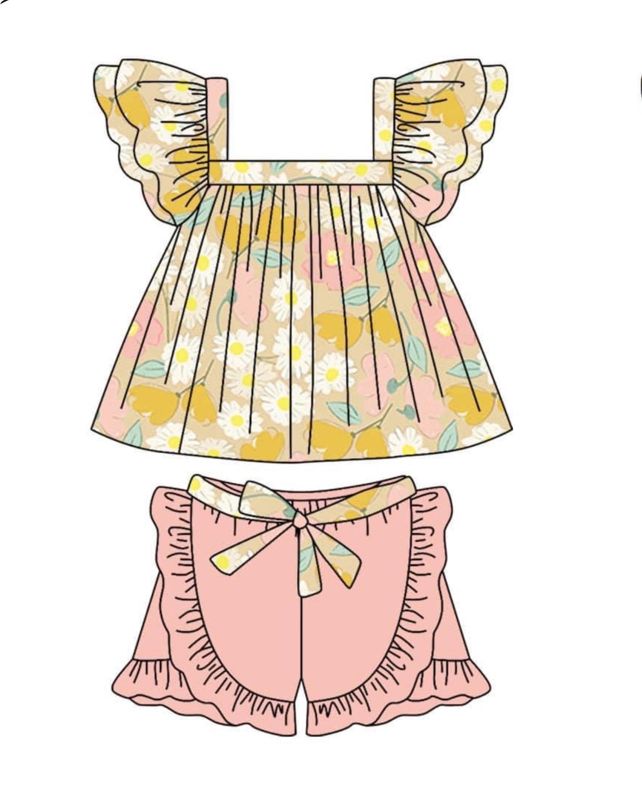 preorder colorful flowers flutter sleeve pink shorts girls set