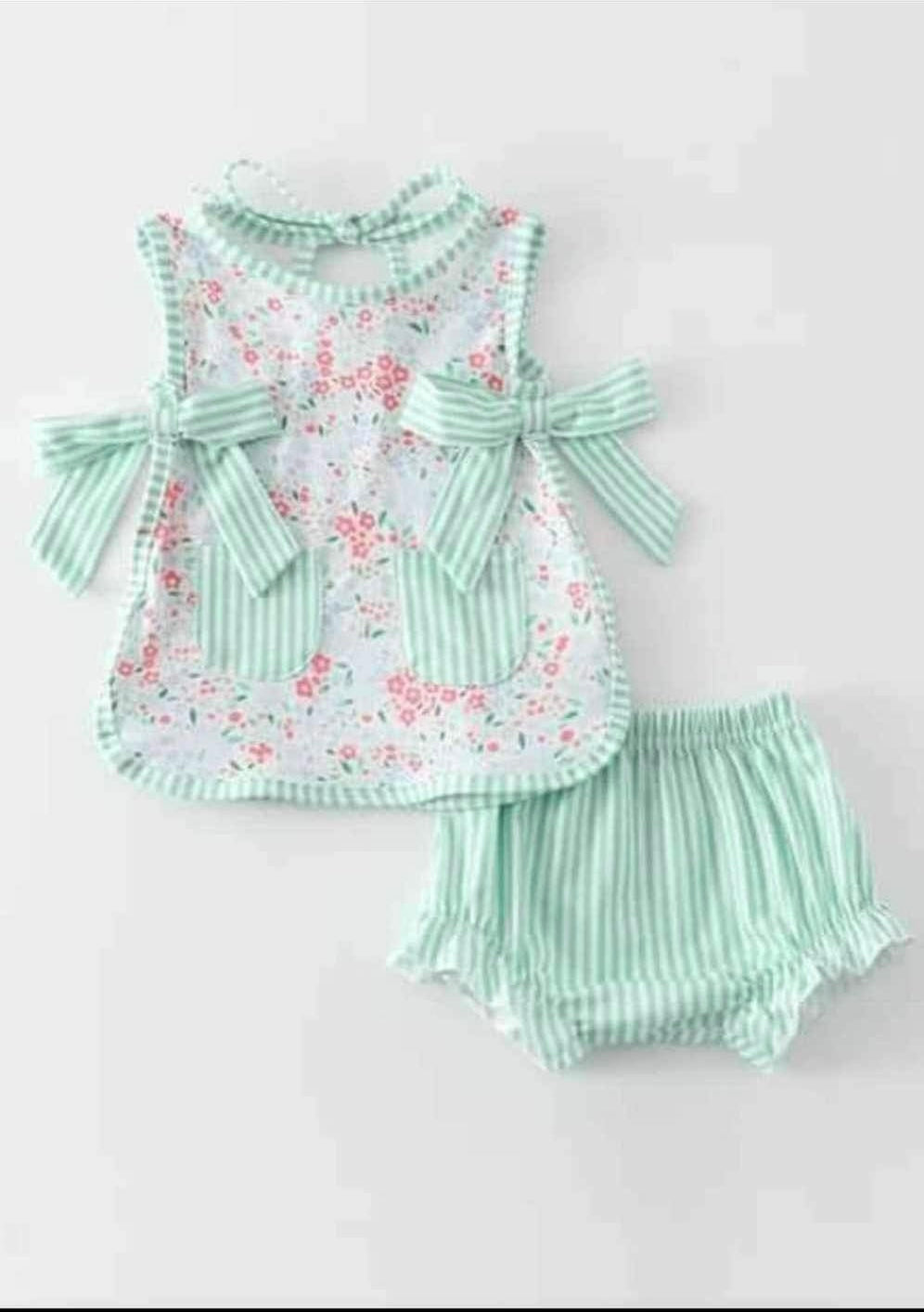 preorder cute flowers pockets green striped girls bummies set