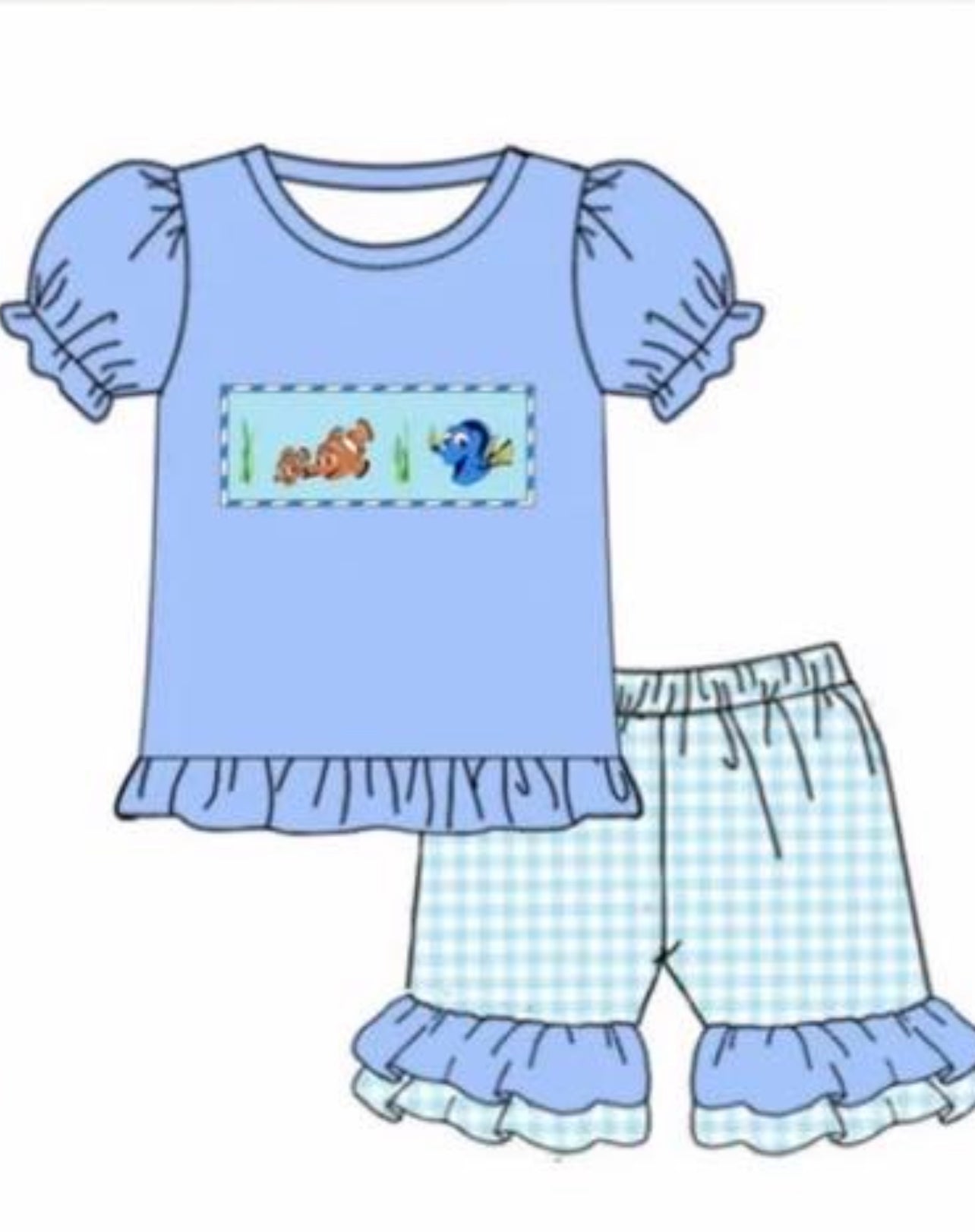 custom cute fish blue short sleeve checkered shorts girls set