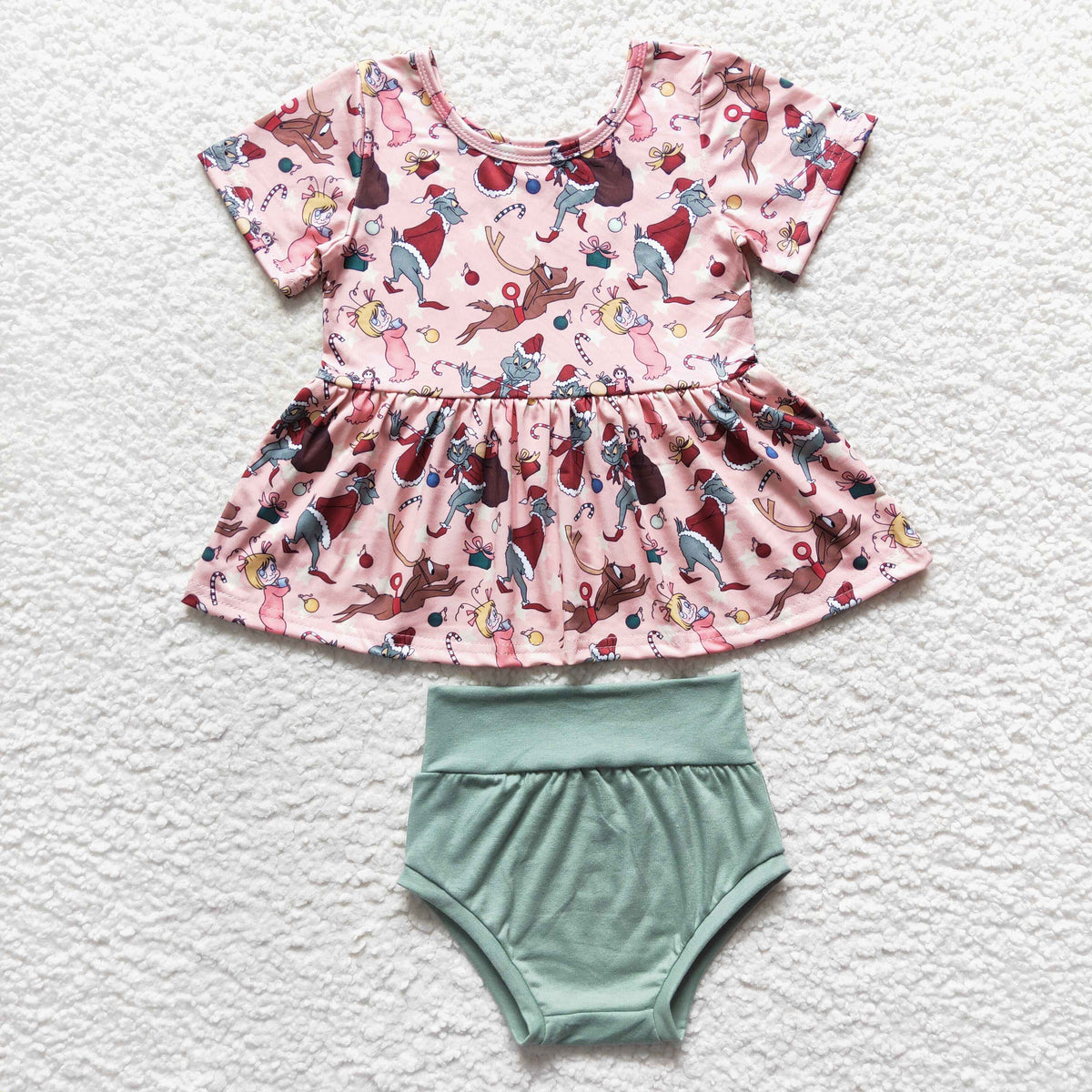 GBO0188 Christmas green face pink short sleeve girls bummies set