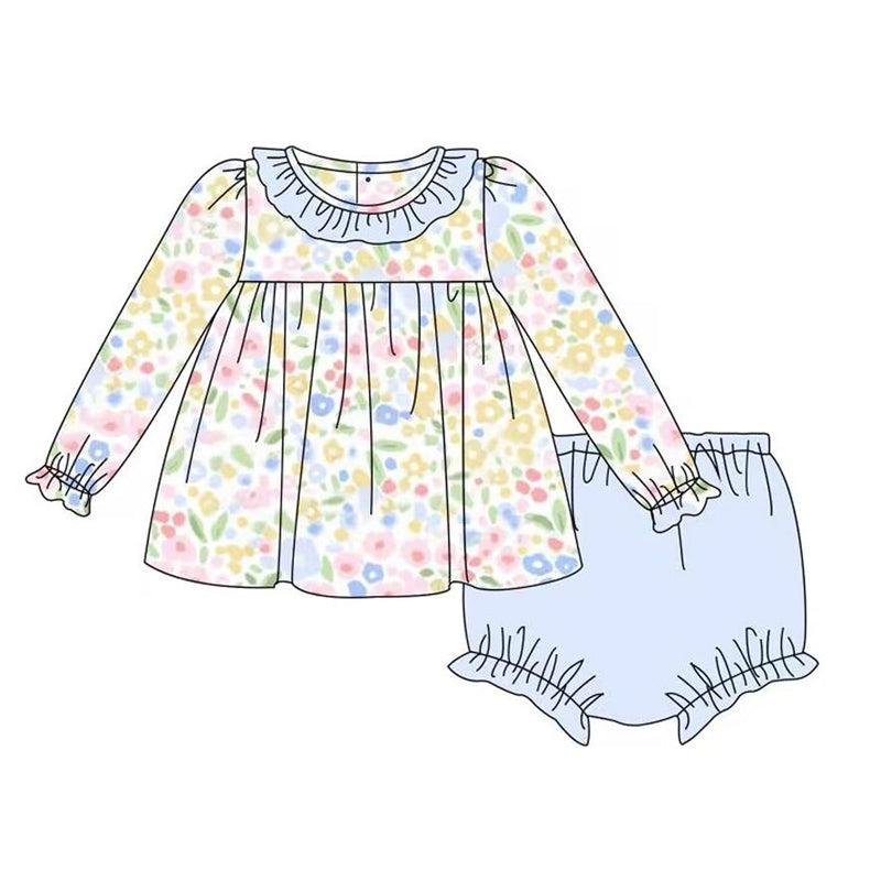 preorder GBO0193 Colorful flowers long sleeve blue bummies girls set