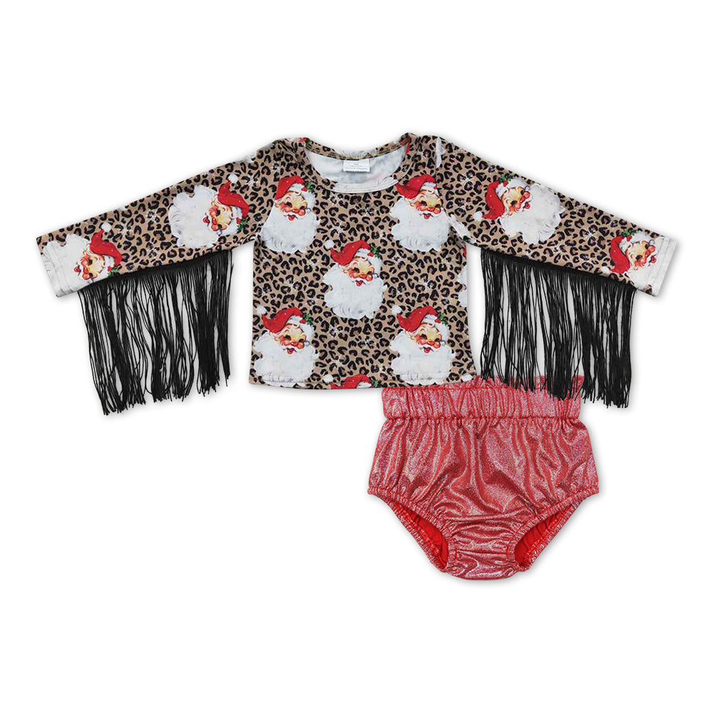 GBO0204 Christmas Santa Claus leopard tassels top red leather bummies girls set
