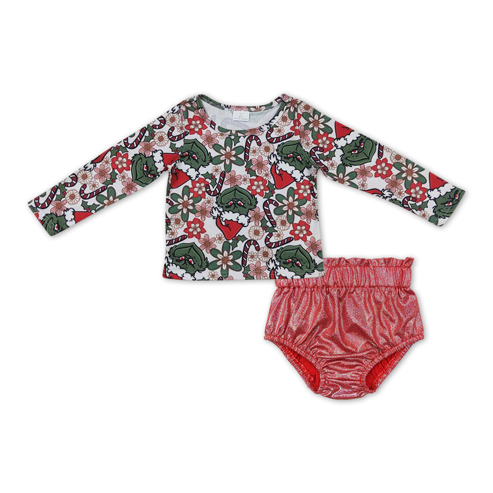 GBO0205 Christmas Green face long sleeve red leather bummies girls set