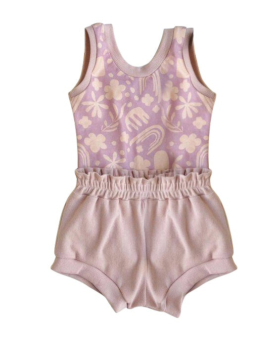 preorder GBO0216 Flowers purple sleeveless girls bummies set