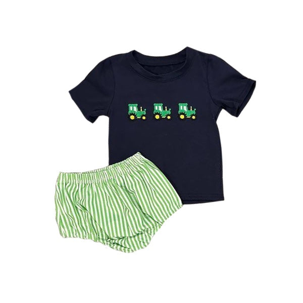 custom moq 3Farm tractor navy short sleeve green striped kids bummies set