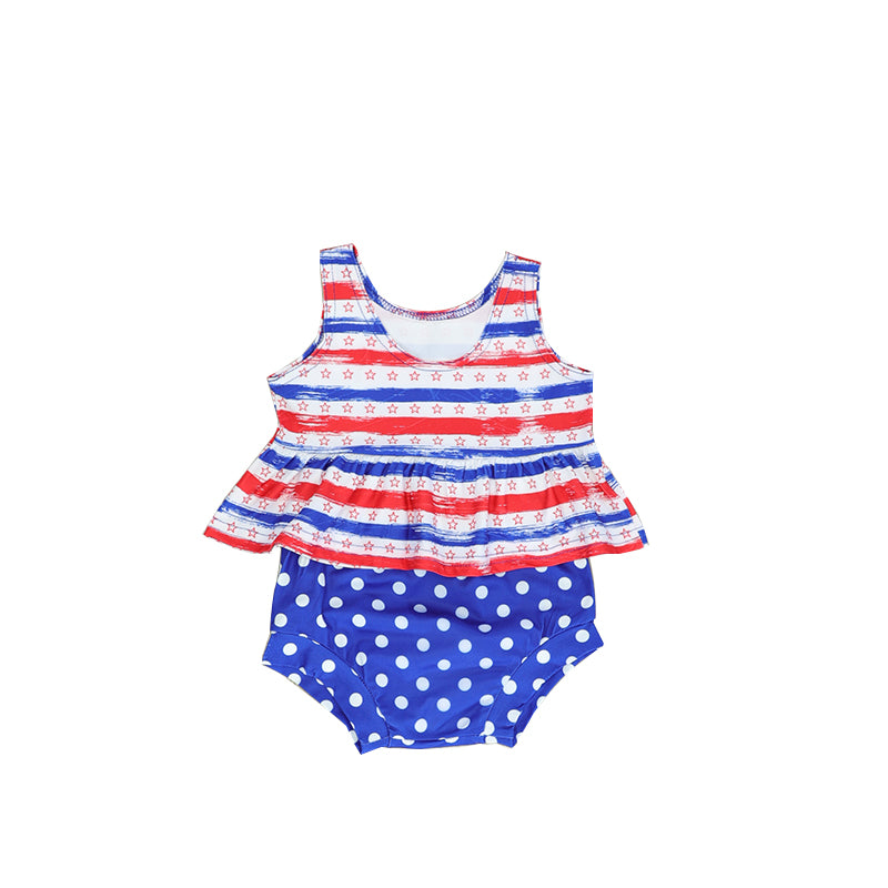preorder GBO0234 July 4th Star Red Blue Striped Sleeveless Girls Bummies Set
