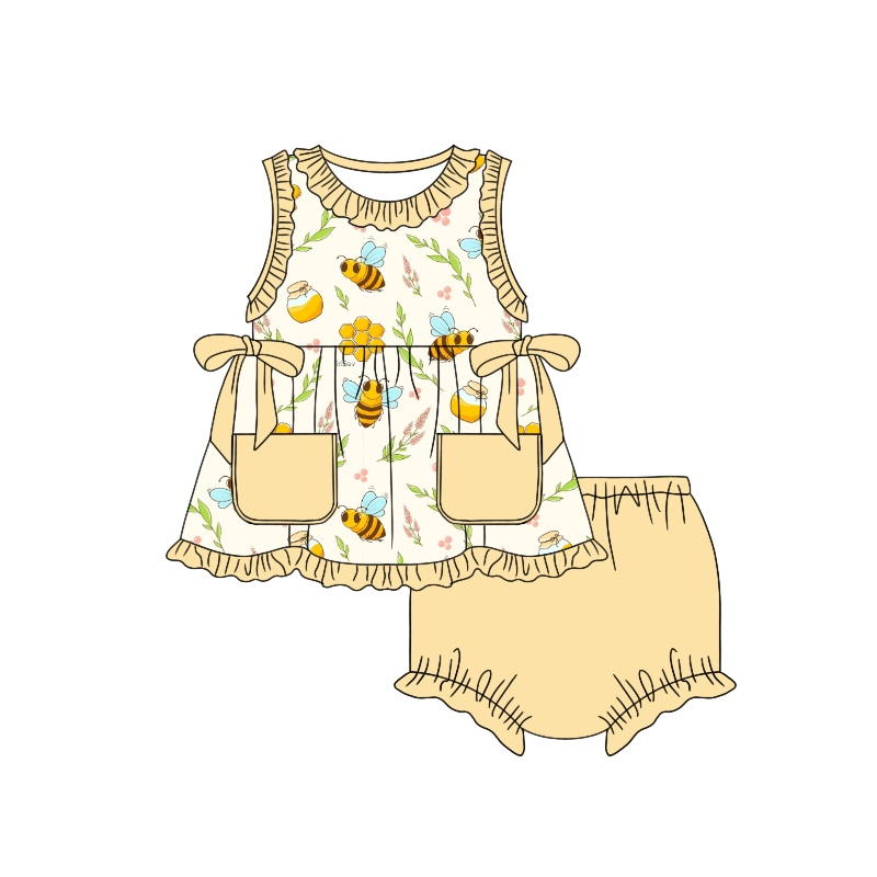 preorder GBO0301 Cartoon bee flowers yellow pockets sleeveless girls bummies set