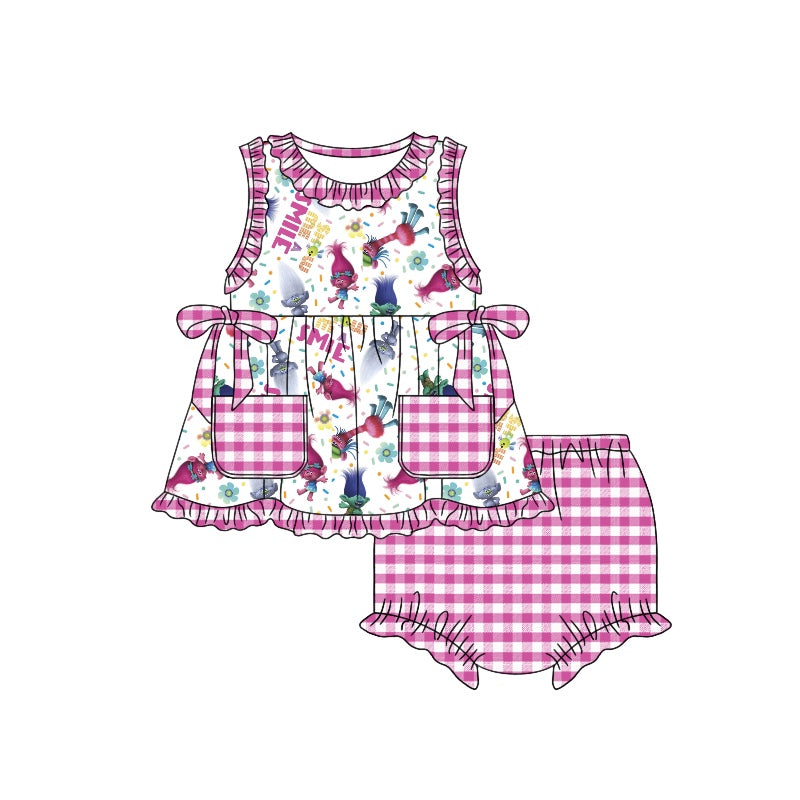 preorder GBO0302 Cartoon baby long hair hot pink pockets sleeveless girls bummies set