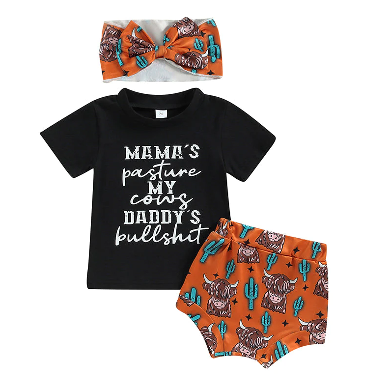 preorder GBO0308 Western Mama's highland cow black short sleeve girls bummies set