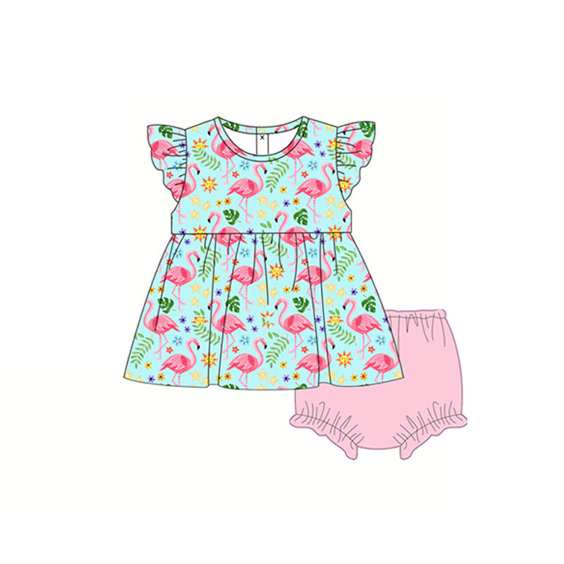 preorder GBO0309 Flamingo flowers flutter sleeve pink girls bummies set