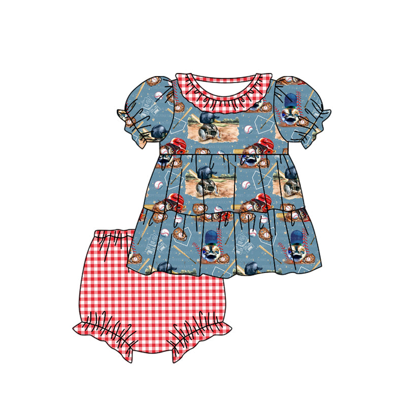 preorder GBO0317 baseball blue short sleeve red checkered girls bummeis set