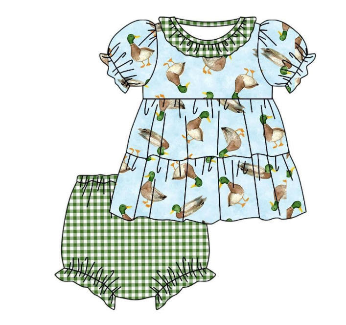 preorder GBO0318 mallard duck short sleeve green checkered girls bummies set