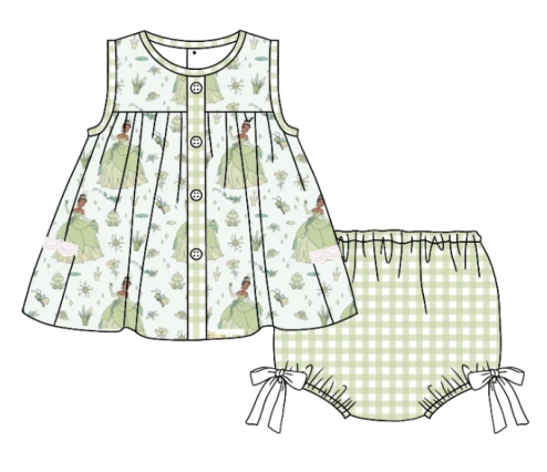 Custom moq 3 green princess flog story sleeveless green checkered girls bummies set