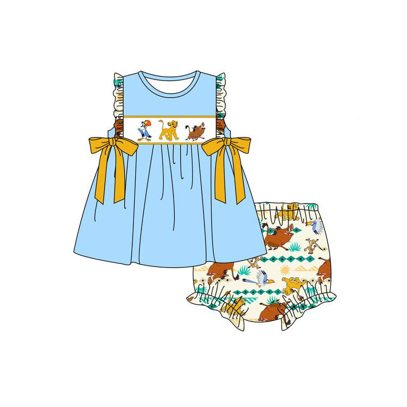 Custom moq 3 cartoon lion animals blue ruffles girls bummes set