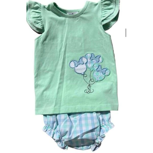 preorder GBO0369 cartoon M mouse green flutter sleeve girls checkered bummies set