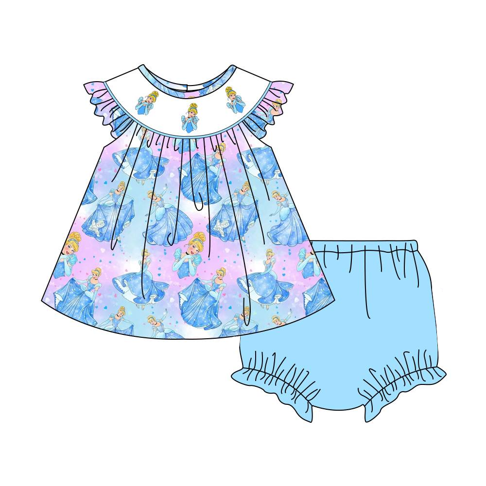 preorder GBO0375 cartoon princess colorful flutter sleeve blue girls bummies set