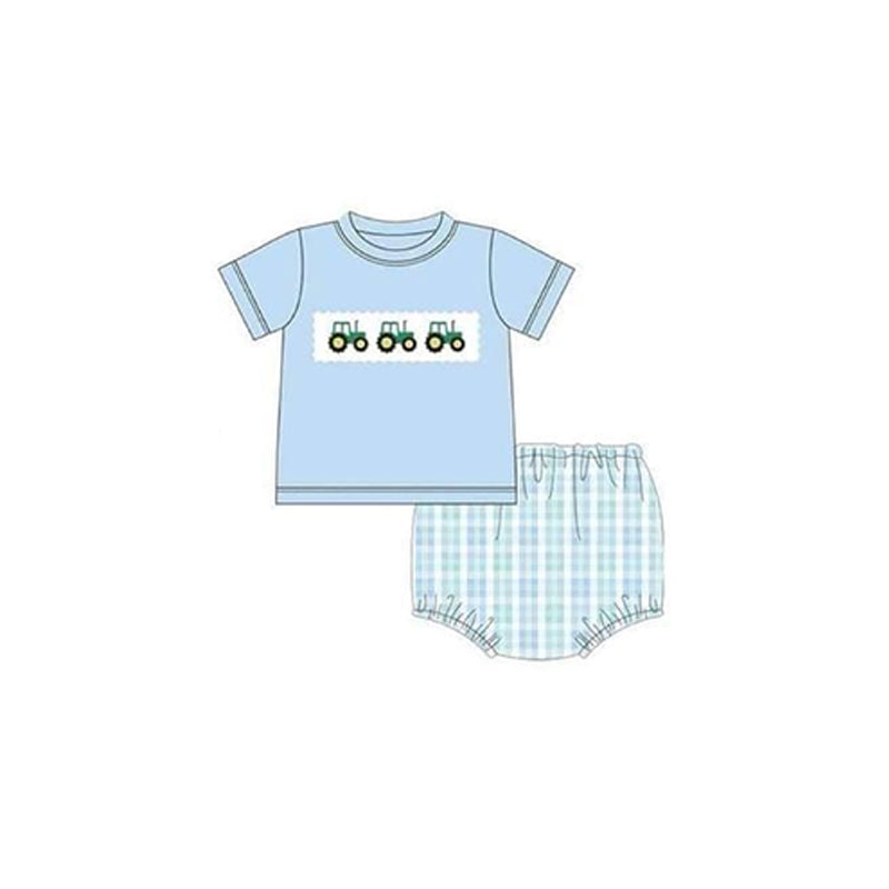 preorder GBO0386 farm tractor blue short sleeve blue checkered boys bummies set