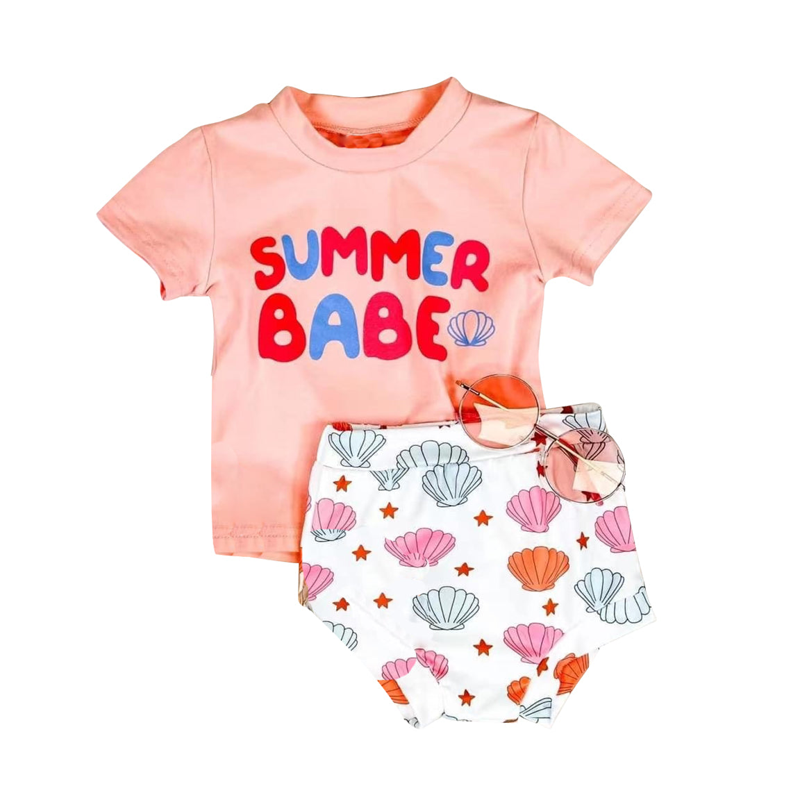 preorder GBO0390 Summer babe seashell short sleeve girls bummeis set