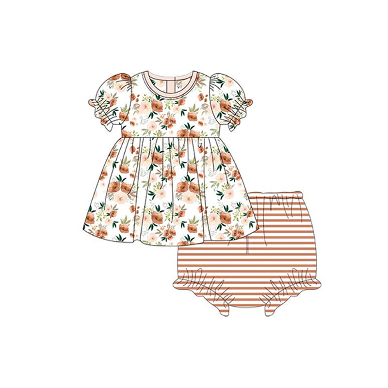 preorder GBO0394 flowers short sleeve pink striped girls floral bummies set