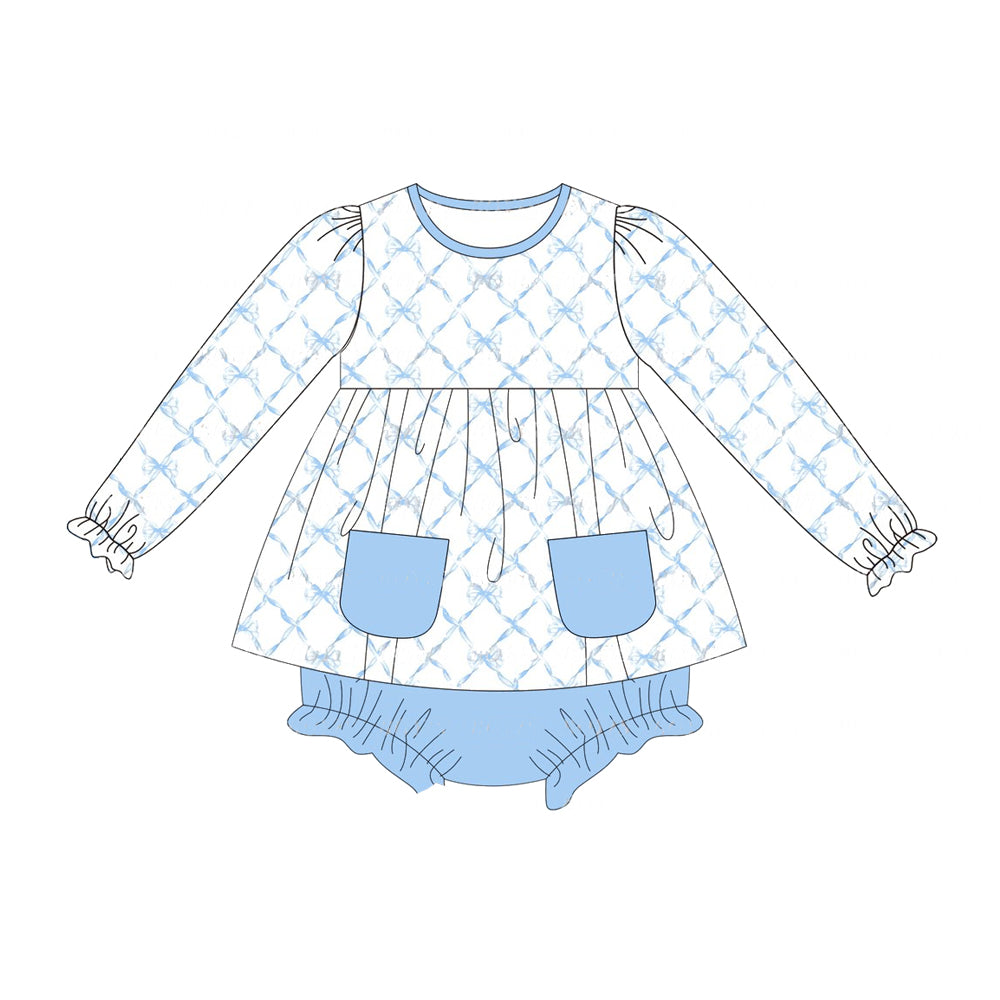 preorder GBO0408 blue bow pockets long sleeve girls bummies set