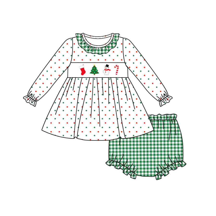 preorder GBO0411 Christmas tree cane candy snowman long sleeve green checkered girls bummies set