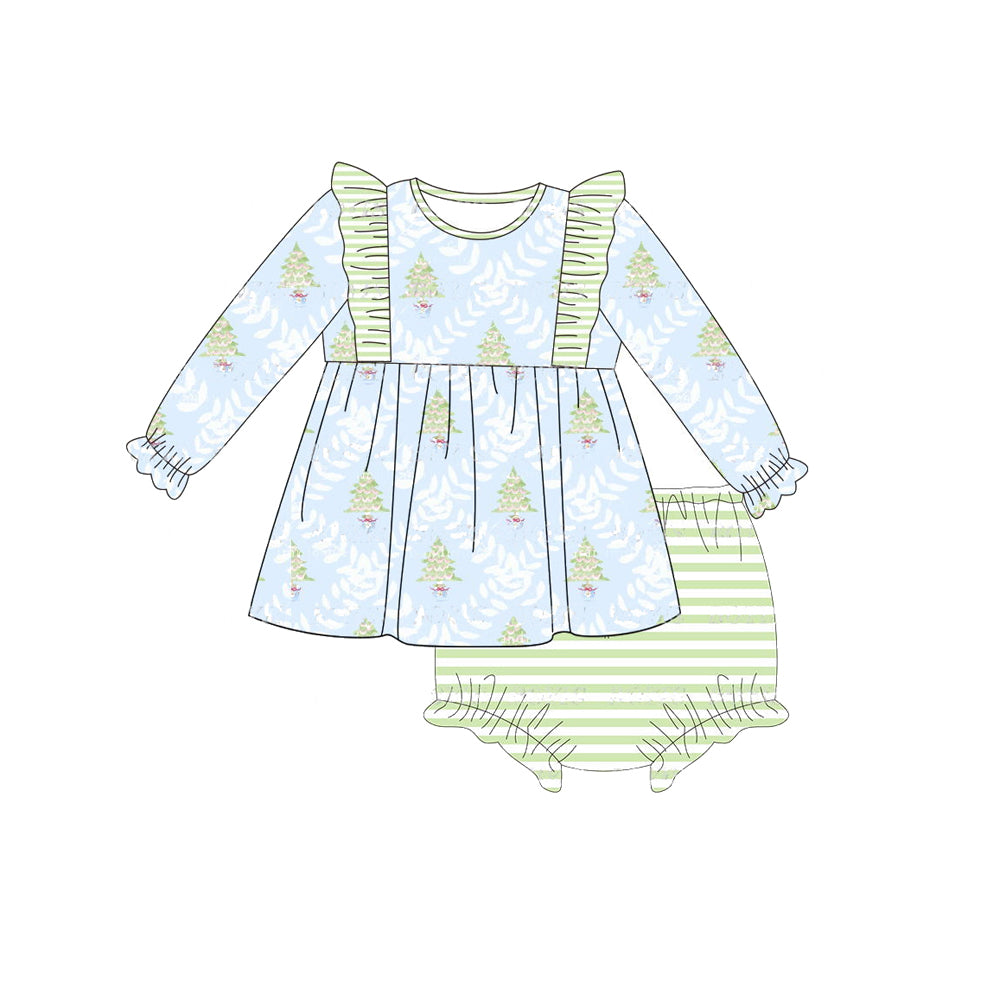 preorder GBO0420 Christmas tree blue long sleeve green striped girls bummies set