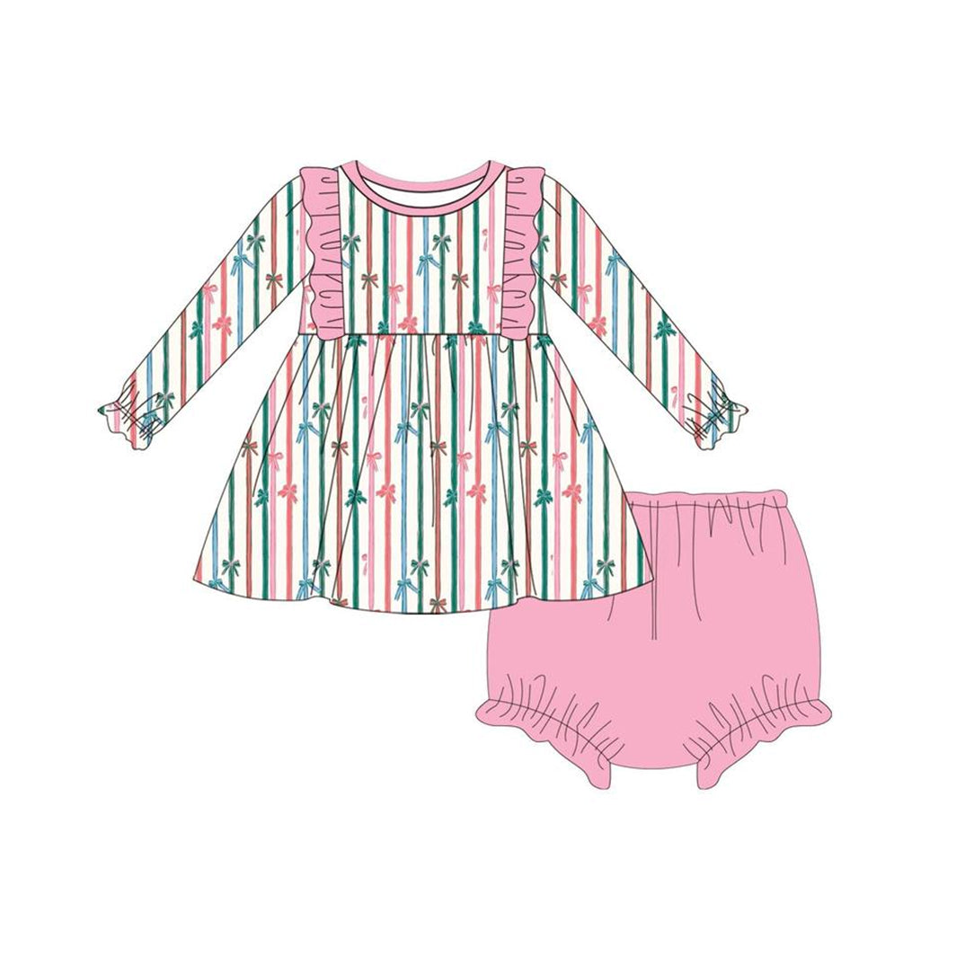 preorder GBO0424 bows colorful striped long sleeve pink girls bummies set