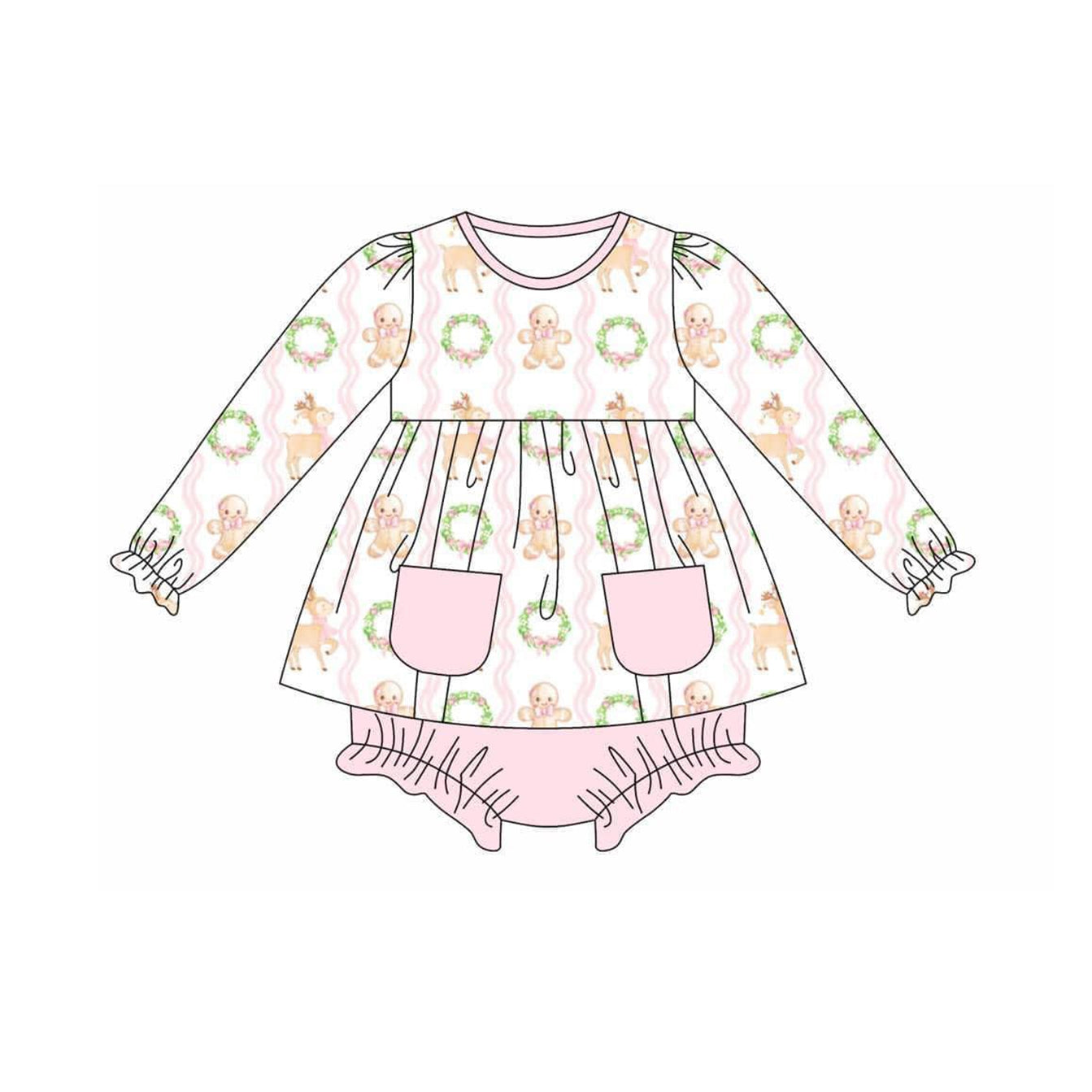preorder GBO0432 Christmas gingerbread man deer flowers pink pockets long sleeve girls bummies set