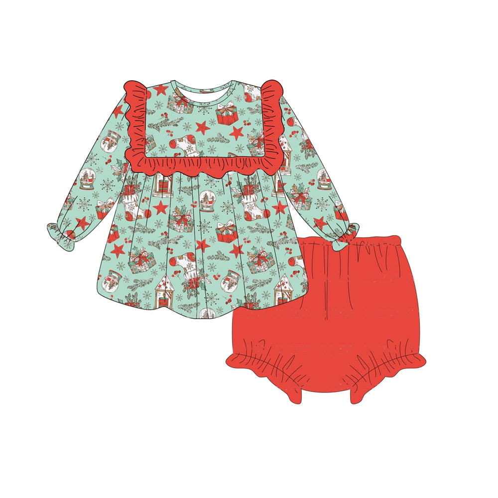 preorder GBO0438 Christmas holly berry green long sleeve red girls bummies set