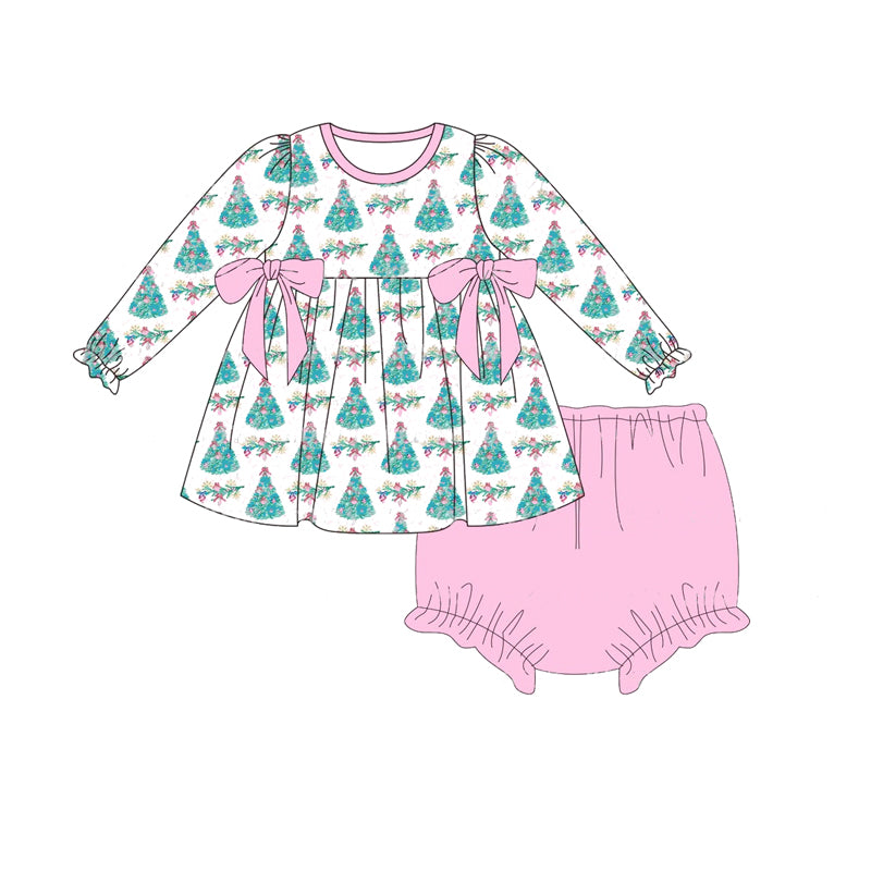 preorder GBO0440 Christmas tree flowers long sleeve pink girls bummies set