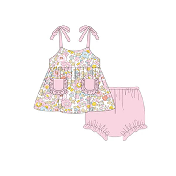 preorder GBO0452 colorful flowers pockets pink bummies set girls floral set