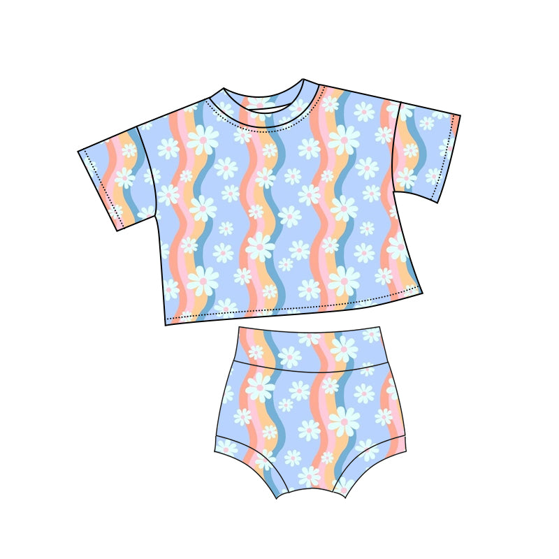 preorder GBO0458 Flowers Dasiy Blue Pink Striped Short Sleeve Girls Bummies Set