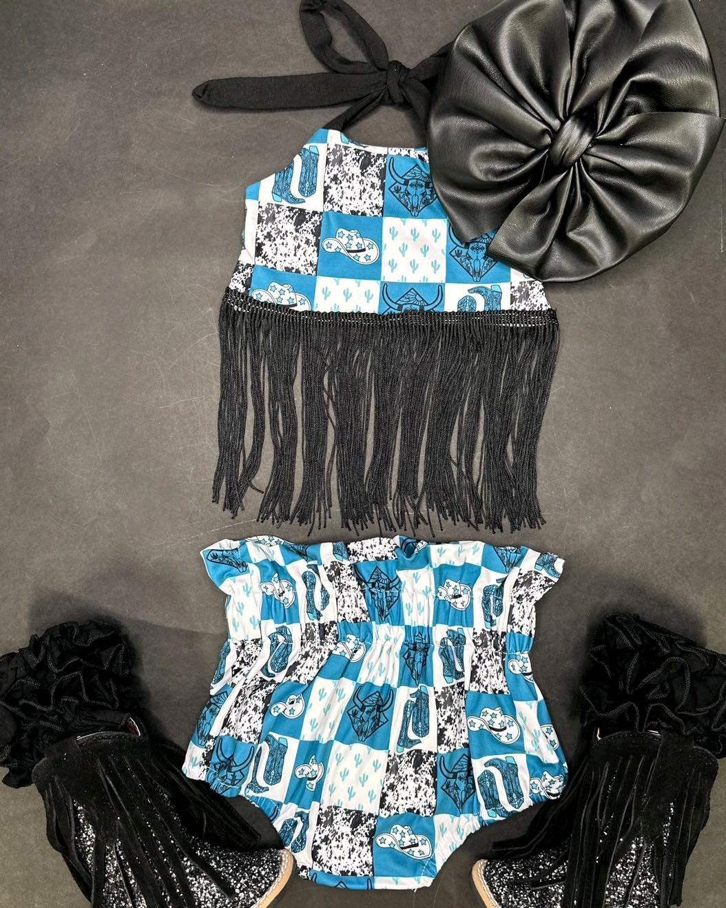 preorder GBO0462 Western Boot Hat Cactus Blue Checkerede Tassels Girls Bummies Set
