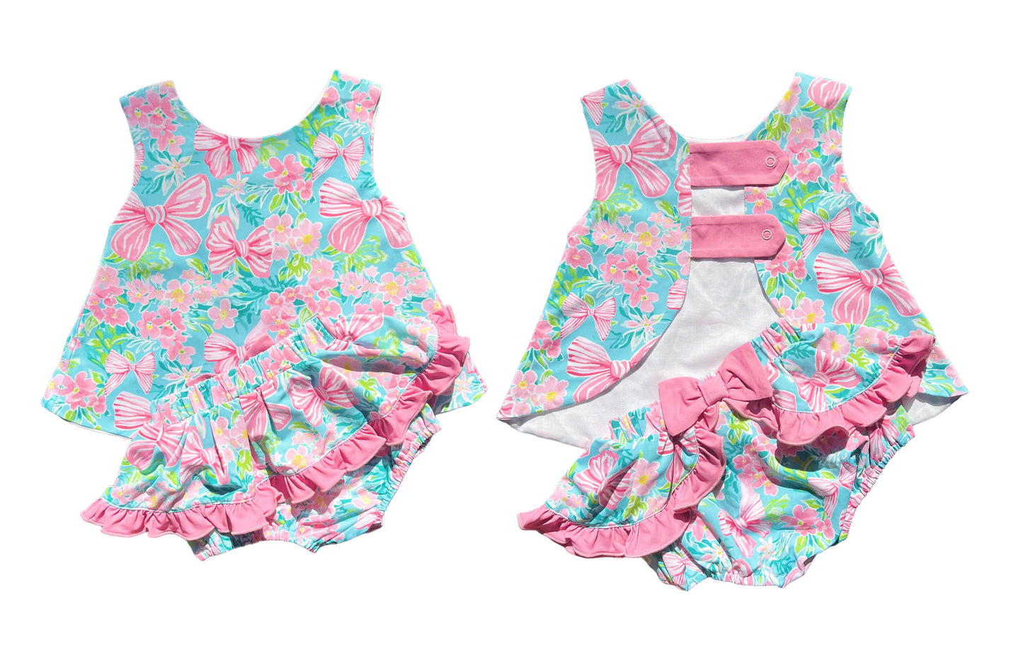preorder GBO0463 pink bows flowers blue sleeveless girls bummies set
