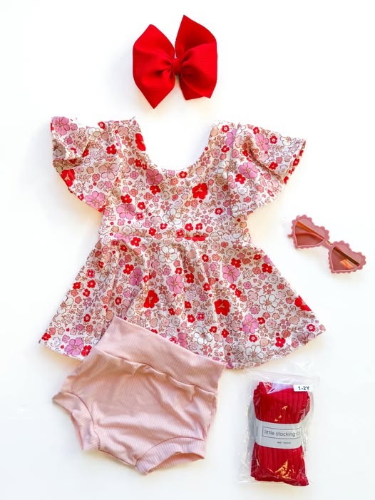 preorder GBO0484 Red Pink Flowers Floral Short Sleeve Girls Bummies Set