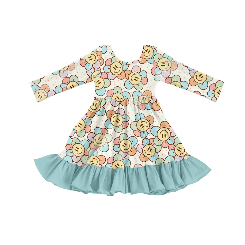 (pre order) GLD0201 Yellow Smile Flowers Blue Girls Long-sleeve Dress