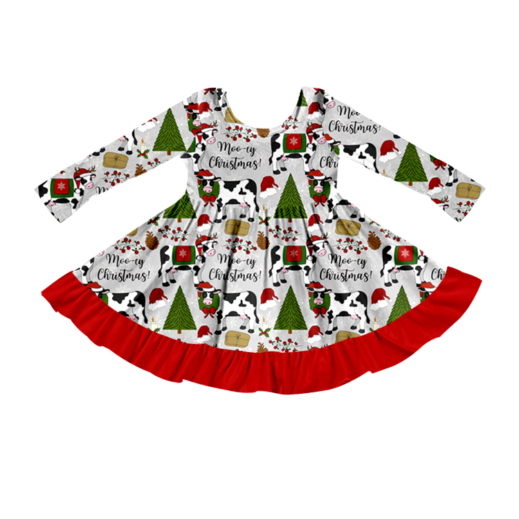 pre order GLD0215 Christmas Tree Cow Red Long Sleeves Girls Dress